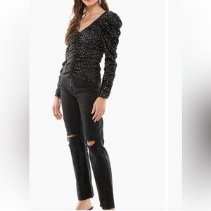Floral Puff Sleeve Top Ruched‎ V Neck Long Sleeve Blouse